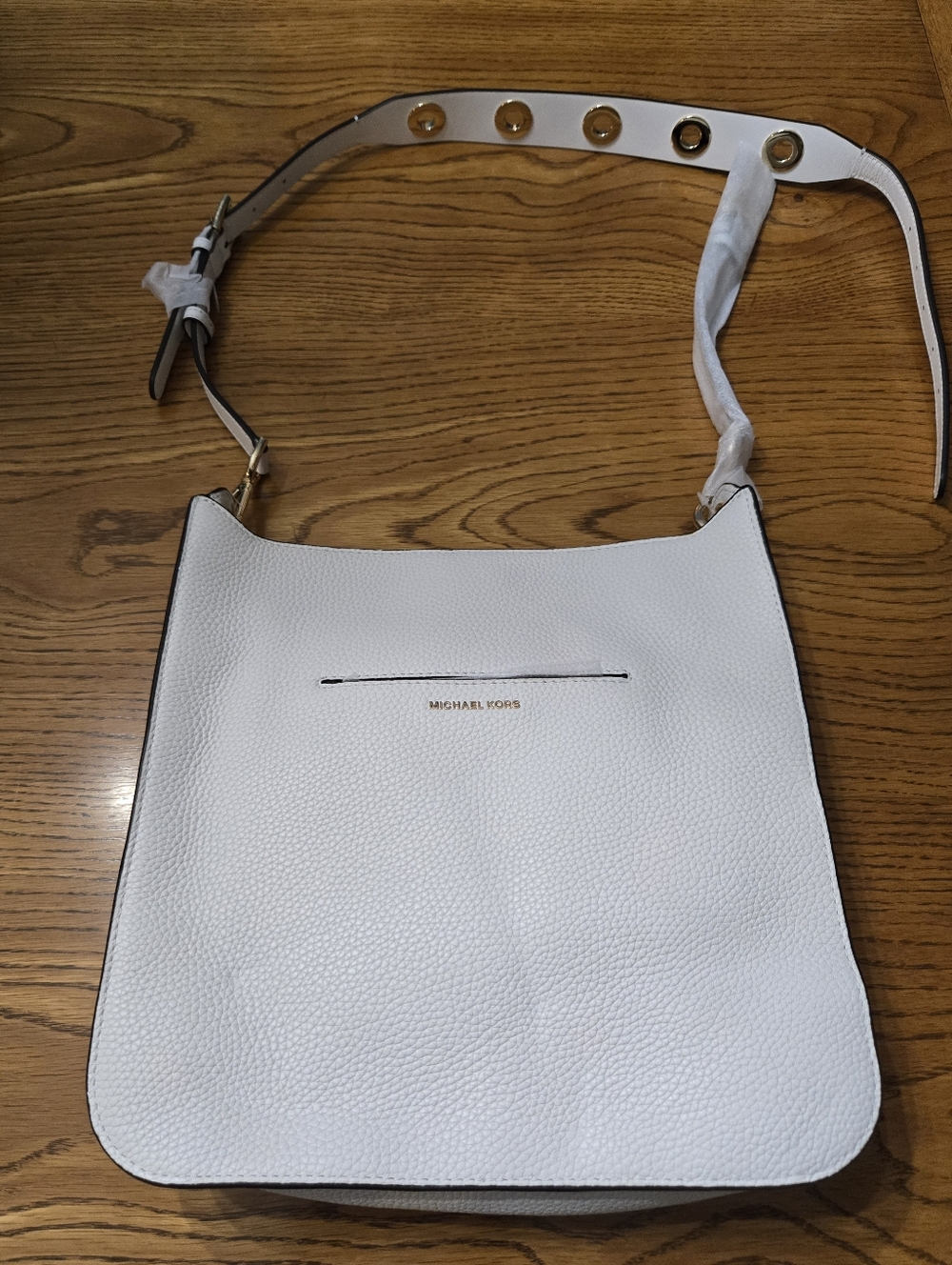 Michael Kors White Pebbled Leather Crossbody Shoulder Bag with Grommet Strap